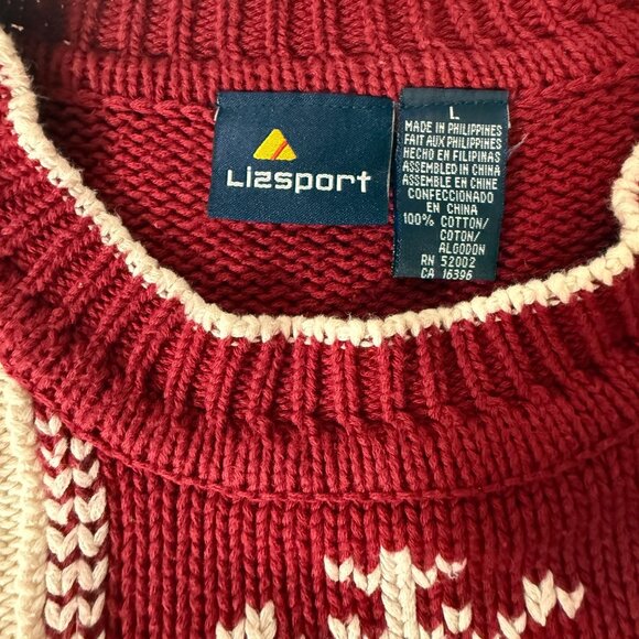 Lizsport Large Knit Sweater Snowflake Nordic Winter Red White Cotton Vintage - Picture 3 of 4